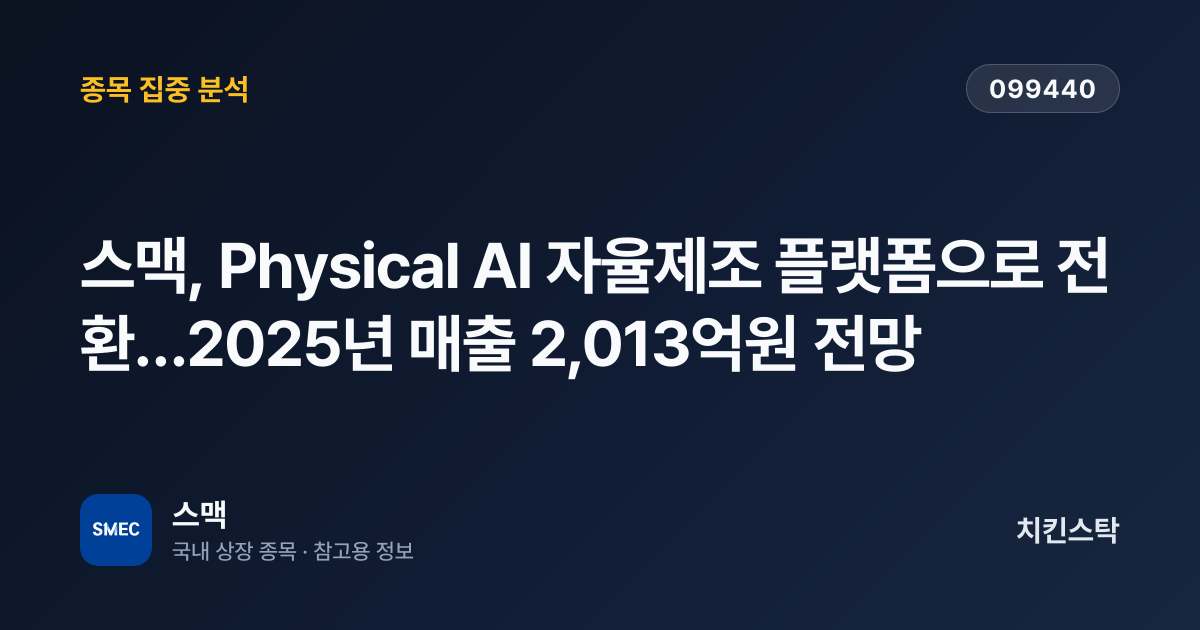 [기업IR자료분석] 스맥, Physical AI 자율제조 플랫폼으로 전환…2025년 매출 2,013억원 전망