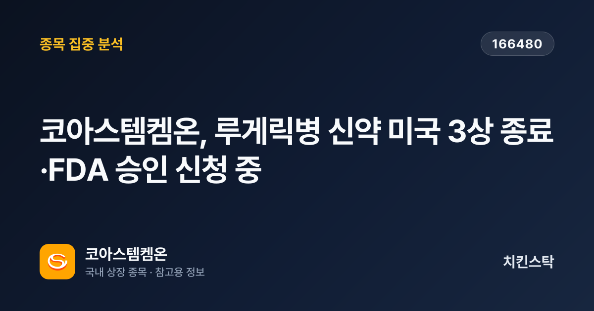 [기업IR자료분석] 코아스템켐온, 루게릭병 신약 미국 3상 종료·FDA 승인 신청 중