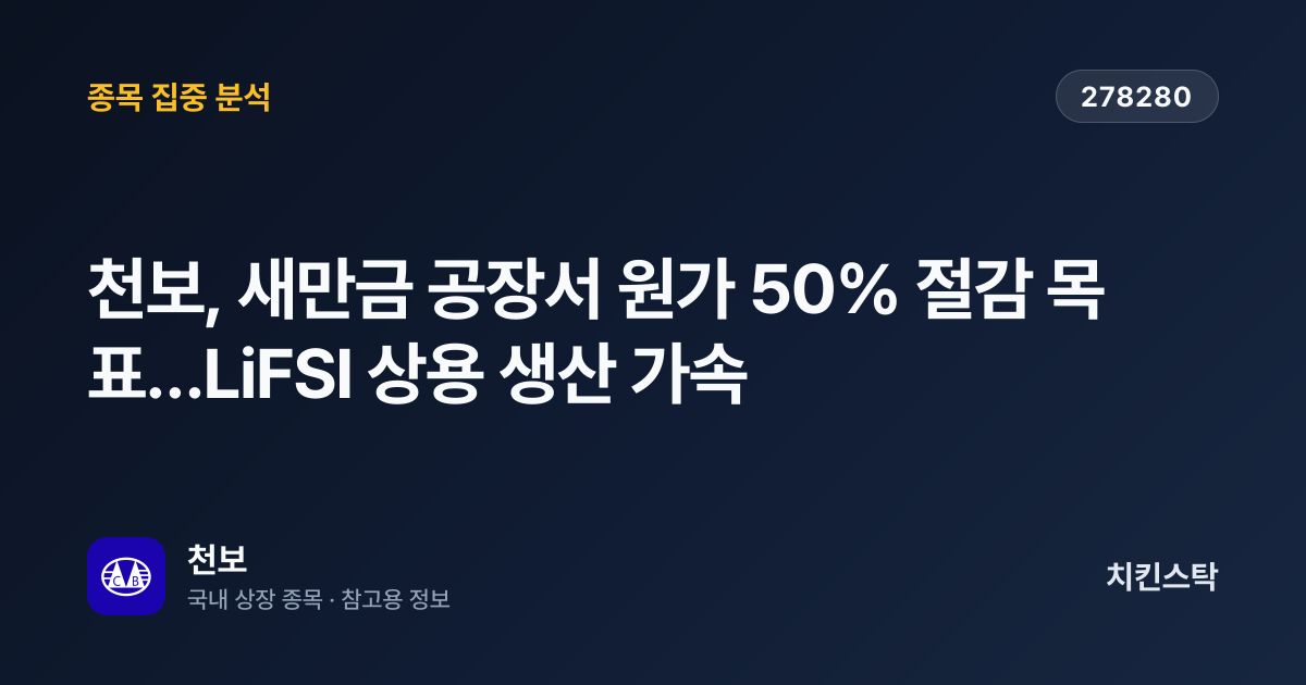 [기업IR자료분석] 천보, 새만금 공장서 원가 50% 절감 목표…LiFSI 상용 생산 가속