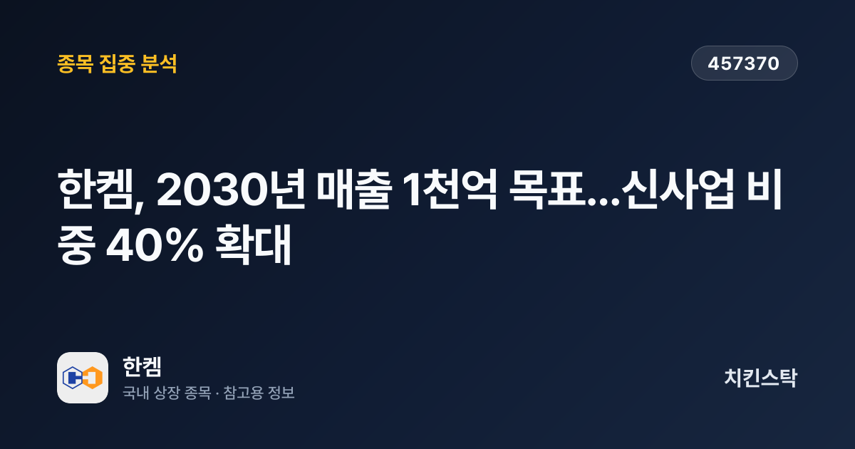 [기업IR자료분석] 한켐, 2030년 매출 1천억 목표...신사업 비중 40% 확대